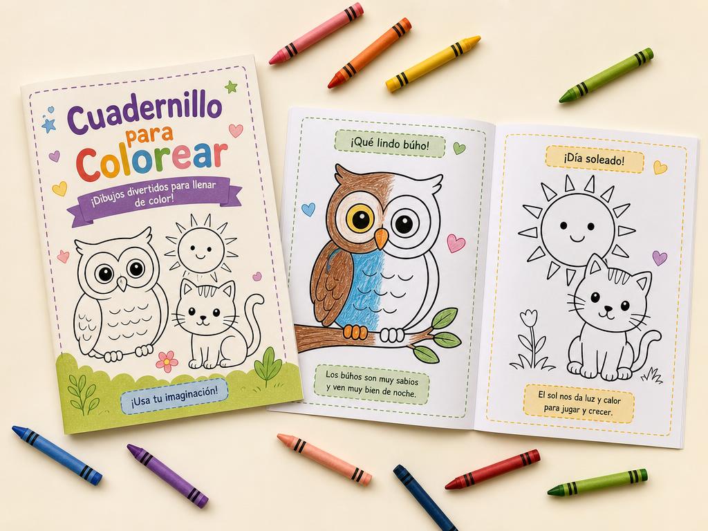 Cuadernillo para colorear con dibujos de búho, gato y sol