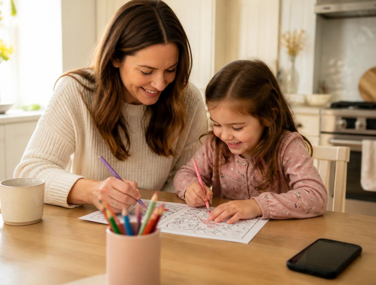 Mamá y su hija coloreando juntas una hoja de actividades en la mesa de la cocina